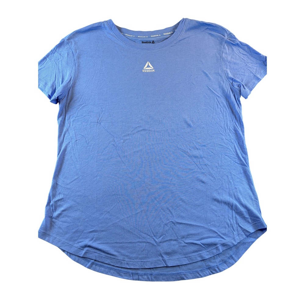 Reebok Womens XS Blue Short Sleeve Delta Logo Activewear T-Shirt Curved Hem